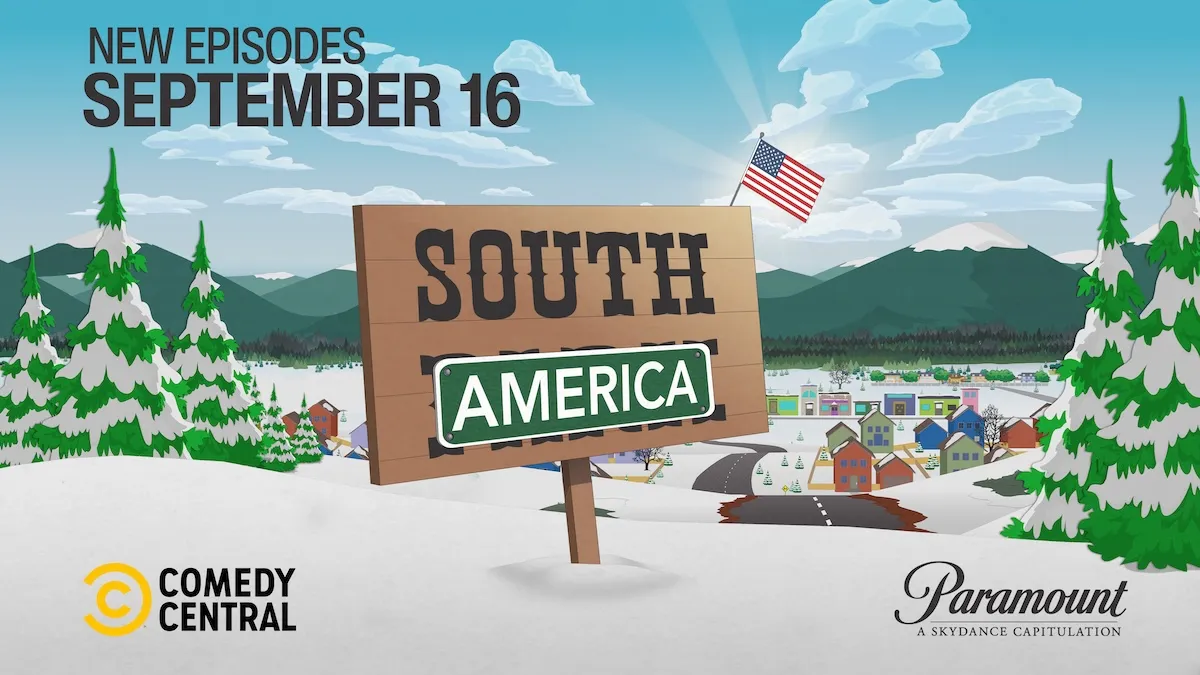 An American flag waving behind a South Park backdrop