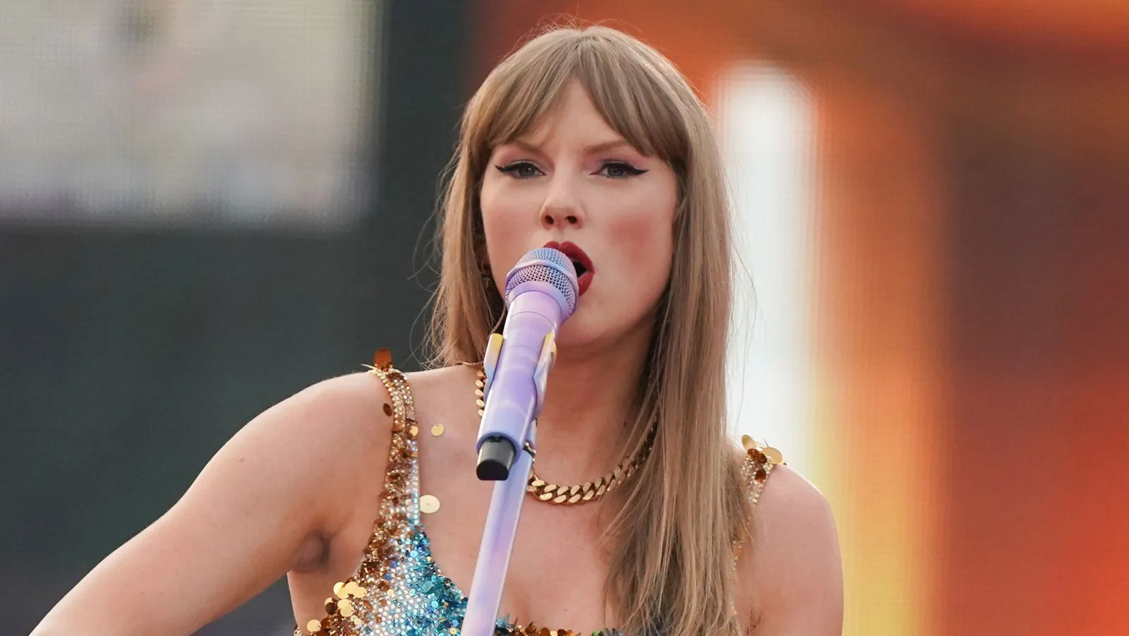 Taylor Swift speaks at an Emmy campaign event for The Eras Tour concert special in Los Angeles