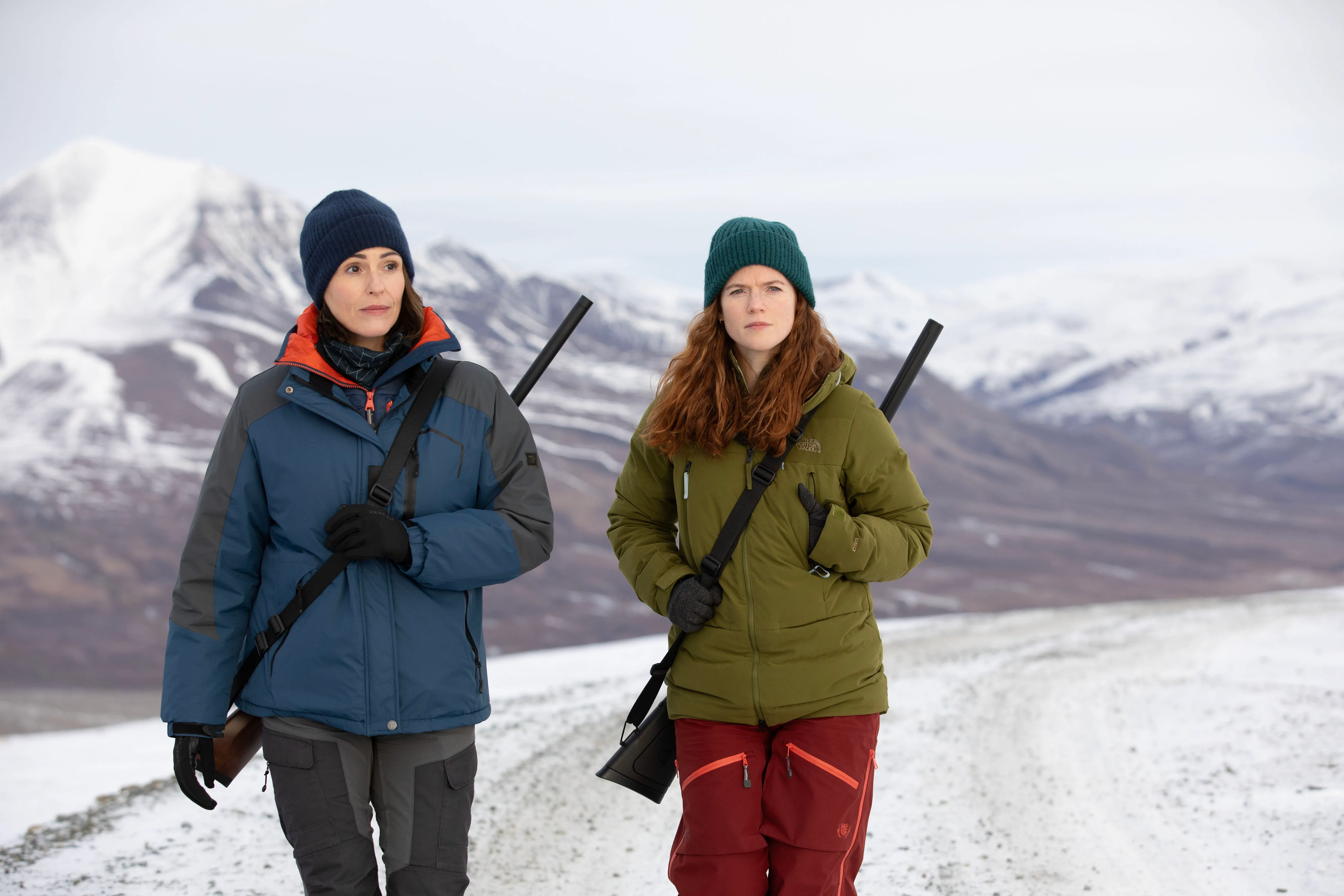Suranne Jones and Rose Leslie wearing winter coats in the Arctic during Vigil Season 3 teaser