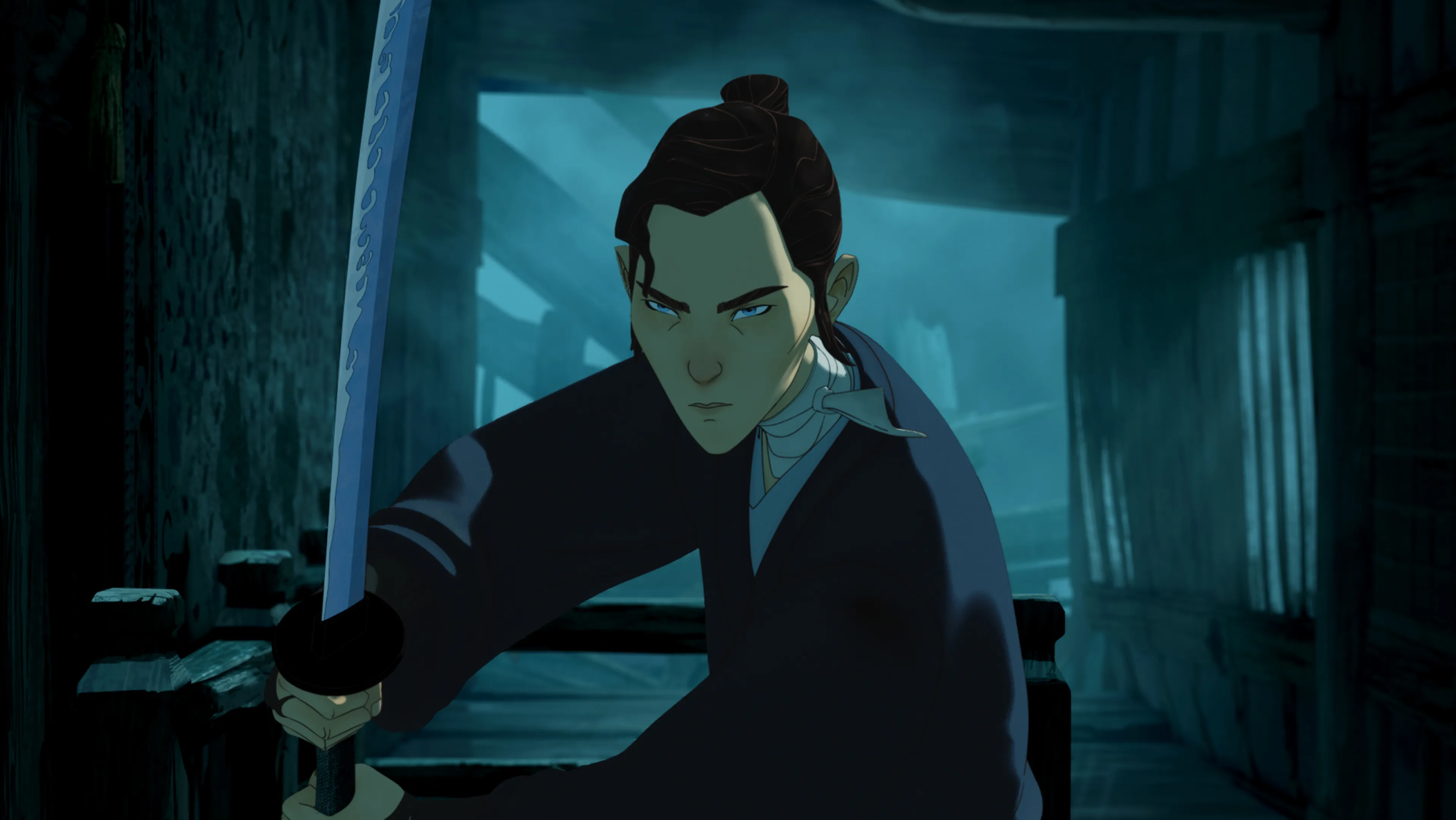 Mizu holding her sword in a dramatic scene from Blue Eye Samurai