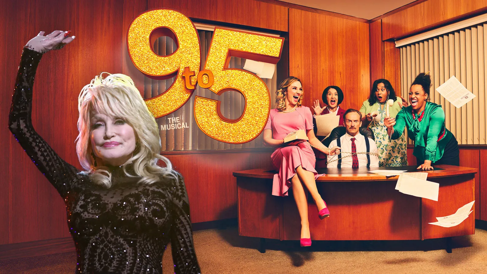 Karla Tracey on stage delivering a tribute before a performance of 9 to 5 The Musical.