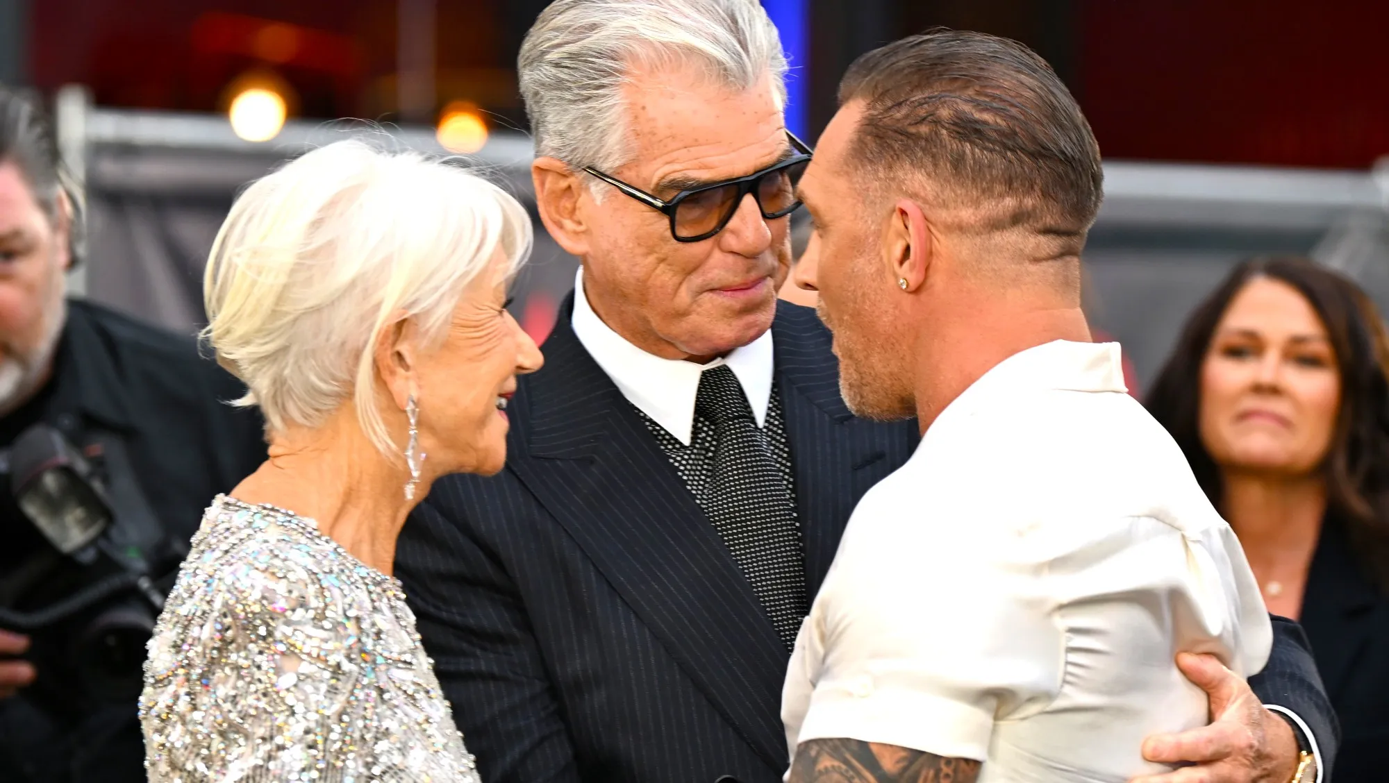 Pierce Brosnan on the red carpet addressing rumors about Tom Hardy and MobLand