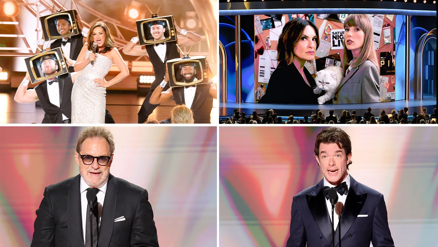 Mariska Hargitay hosting on stage at the 2026 Emmy Awards