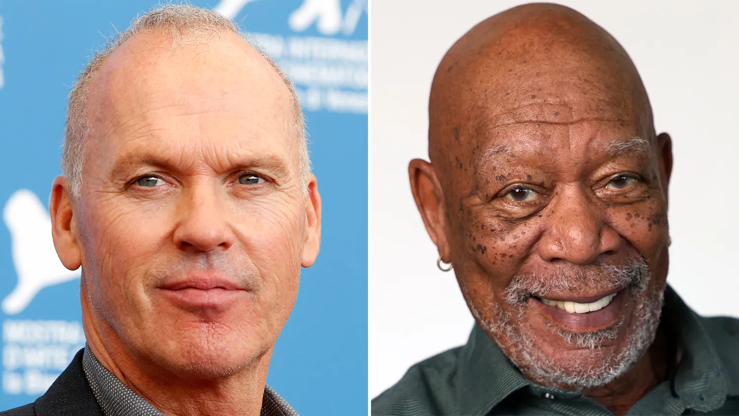 Michael Keaton and Morgan Freeman posing at an entertainment event