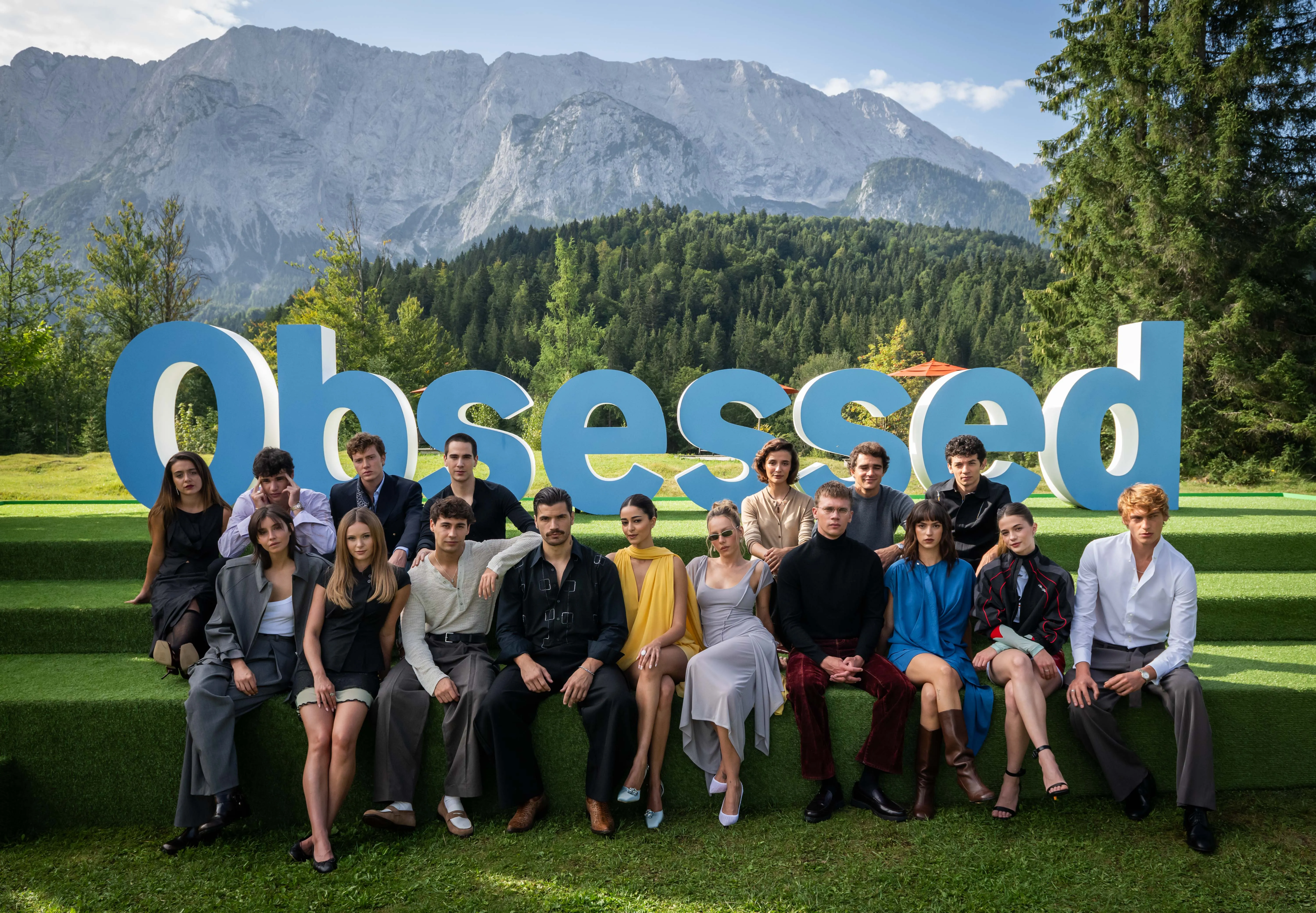 Prime Video young adult stars pose together for a class photo during a retreat in the Bavarian Alps