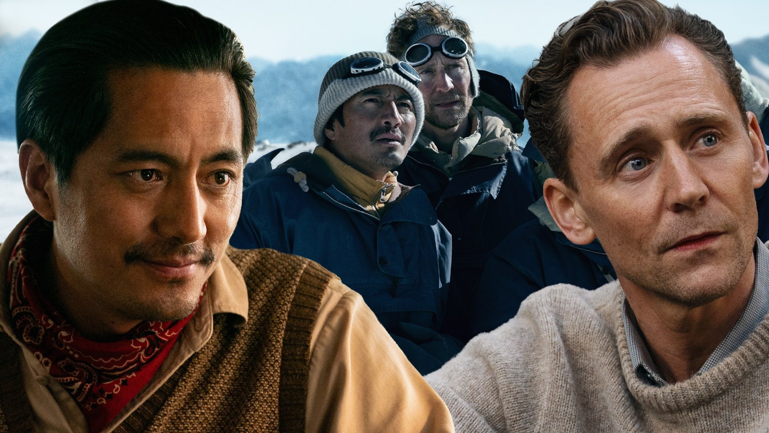 Tom Hiddleston and Genden Phuntsok stand together in winter gear in a scene from the film Tenzing.
