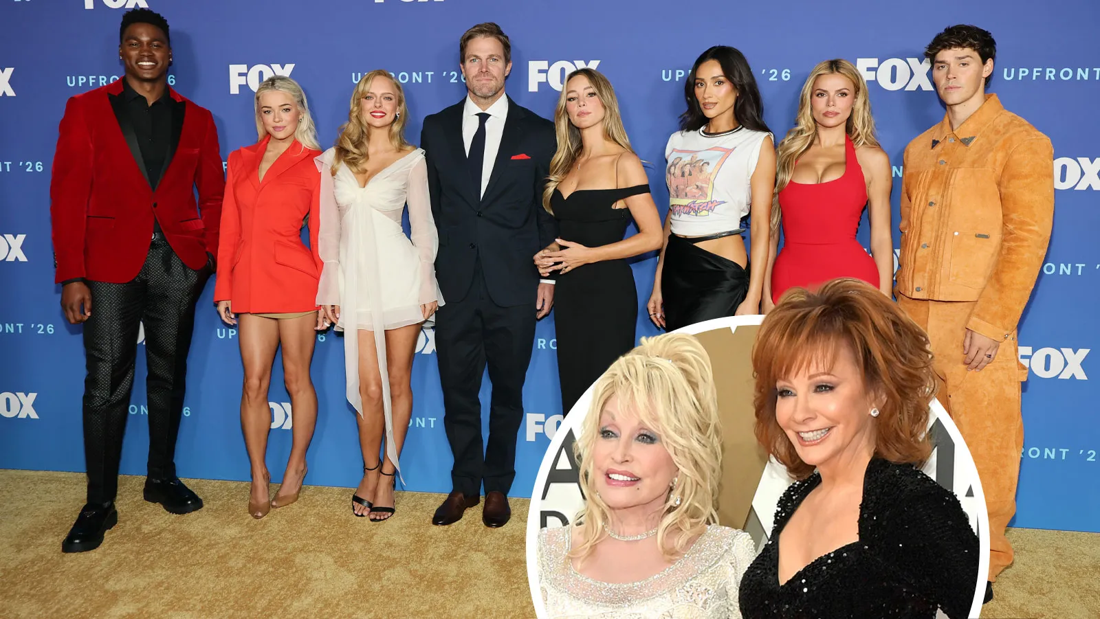 Thaddeus LaGrone, Livvy Dunne, Jessica Belkin, Stephen Amell, Hassie Harrison, Shay Mitchell, Brooks Nader and Noah Beck; Dolly Parton and Reba (inset)