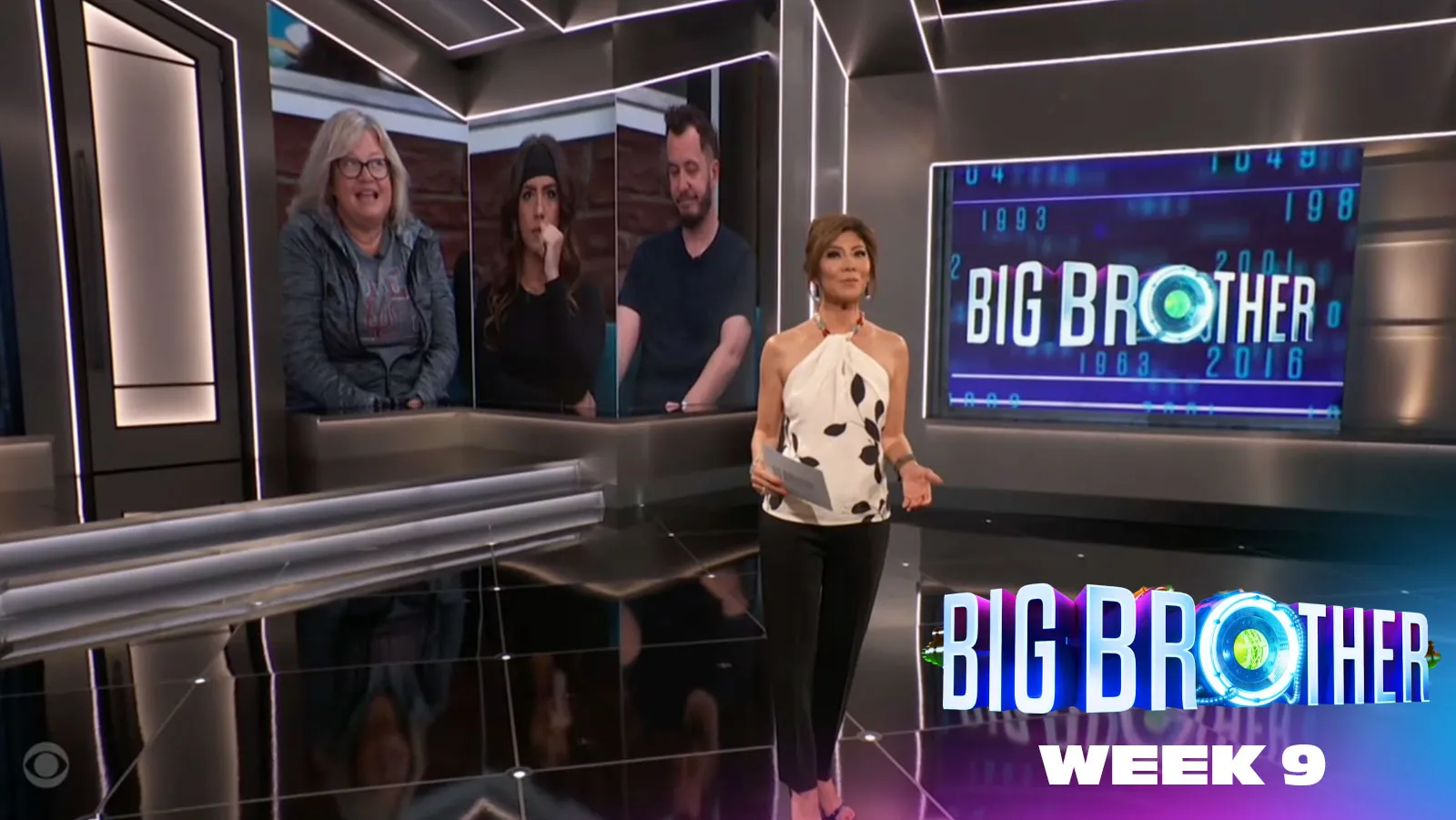 Julie Chen Moonves on the stage of Big Brother during a live eviction night episode.