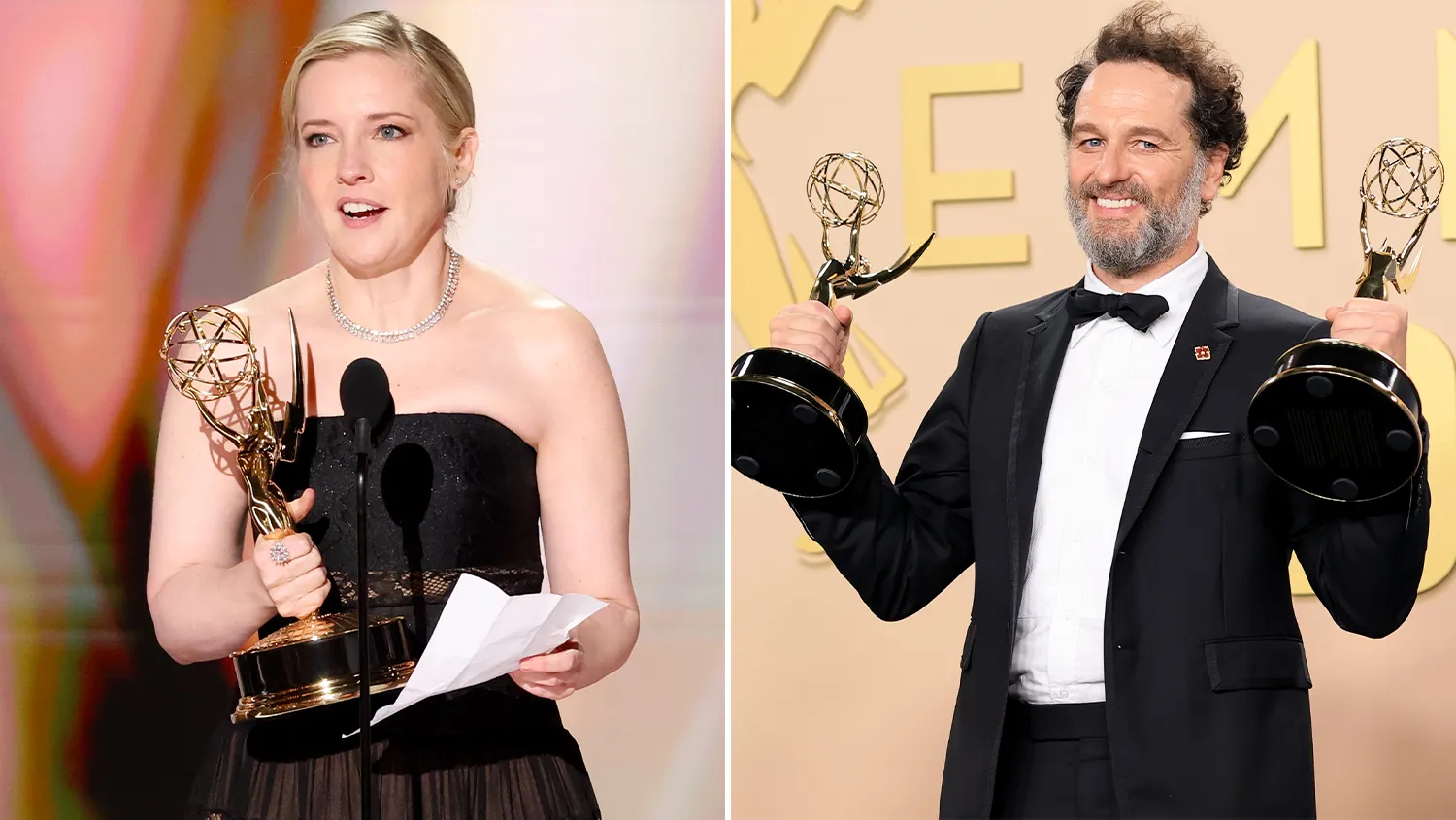 Katie Dippold and Matthew Rhys holding their Emmy awards backstage