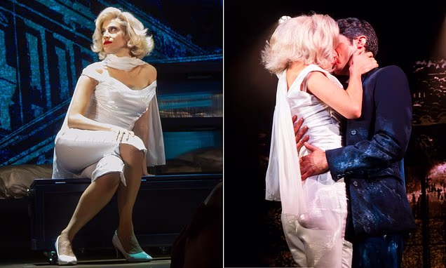 Pixie Lott channels Marilyn Monroe with a blonde bob and red lipstick on stage in the West End.
