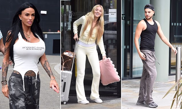 Katie Price wearing a white Iconic Girl Energy top leaving a Manchester hotel with her family
