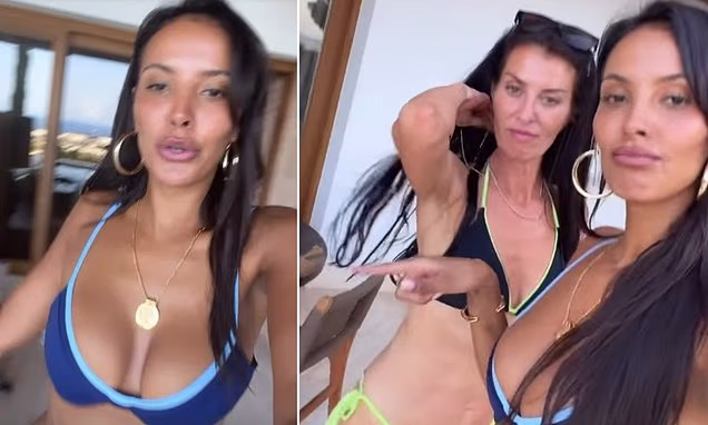Maya Jama posing in a blue bikini during her birthday trip to Ibiza