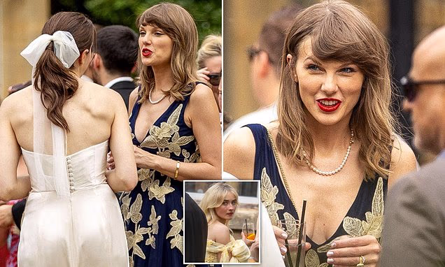 Taylor Swift attending a wedding with Sabrina Carpenter, Phoebe Bridgers, and Jack Antonoff