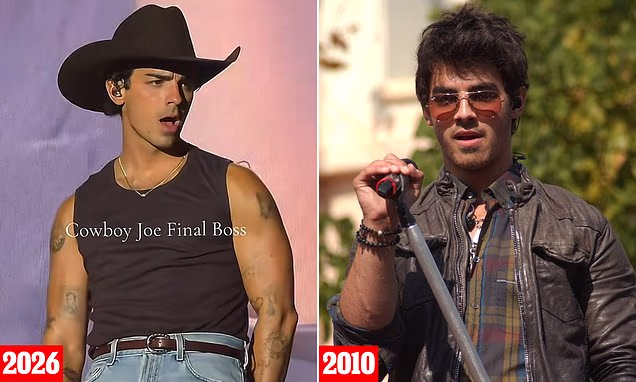Joe Jonas performing on stage in cowboy attire during a Jonas Brothers concert