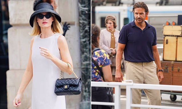 Margot Robbie wearing a 1960s white mini dress on the Ocean's Eleven prequel set.