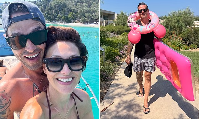 Emma Willis and Matt Willis smiling together on a boat trip in Corfu