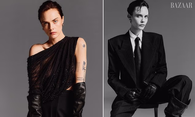 Cara Delevingne wearing a sharp suit during a high-fashion editorial shoot