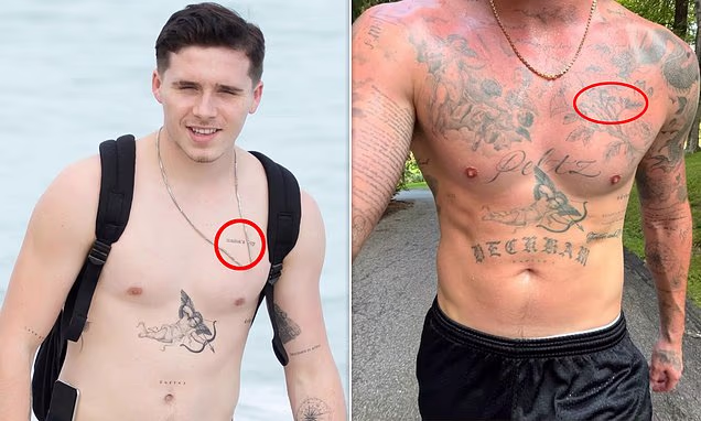 Brooklyn Beckham showcasing his new floral chest tattoo cover-up