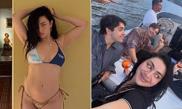 Charli XCX posing in a bikini during a lake trip with husband George Daniel