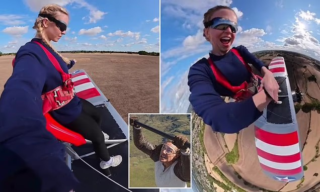 Sydney Sweeney performing a wing walk stunt on top of a flying biplane