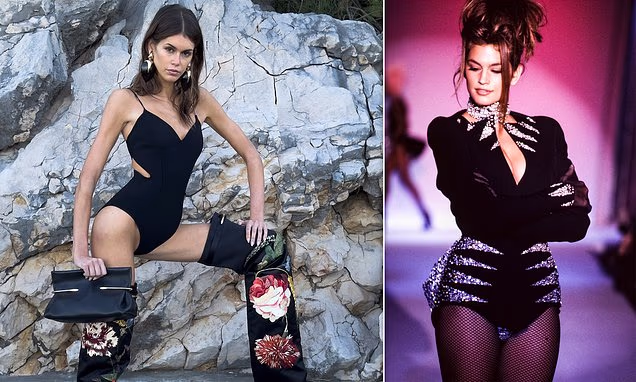 Kaia Gerber posing in a black cut-out bodysuit and patterned thigh-high boots for Givenchy.