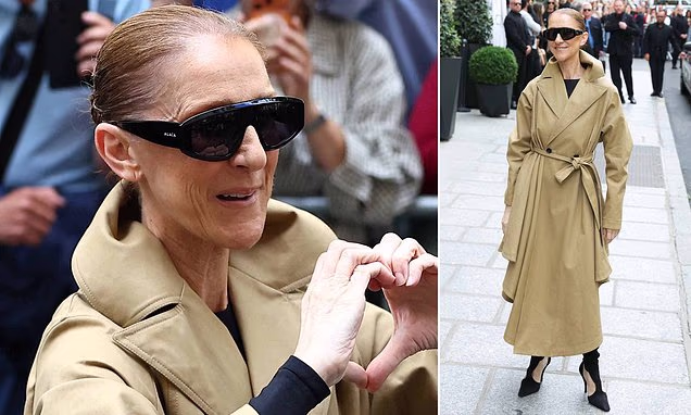 Celine Dion smiling and waving to crowds of fans outside a hotel in Paris.