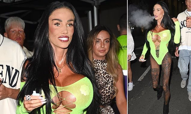 Katie Price wearing a bright neon plunging leotard at Manchester Pride.