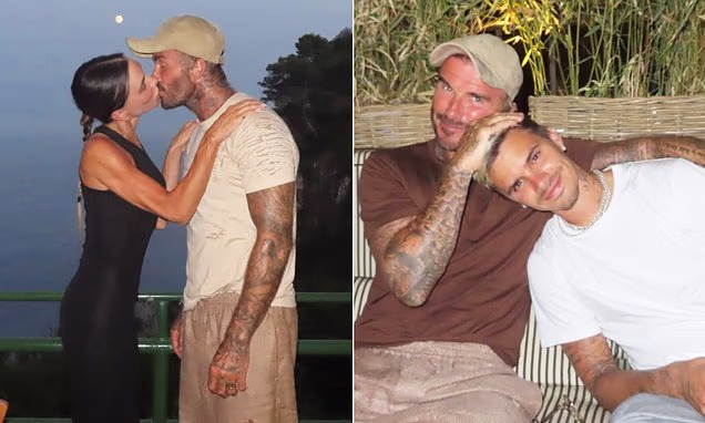 Victoria Beckham kissing David Beckham during their European vacation.