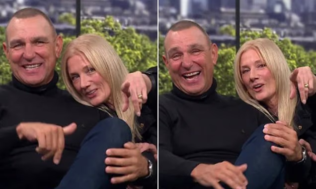 Joely Richardson smiling on a daytime television interview couch