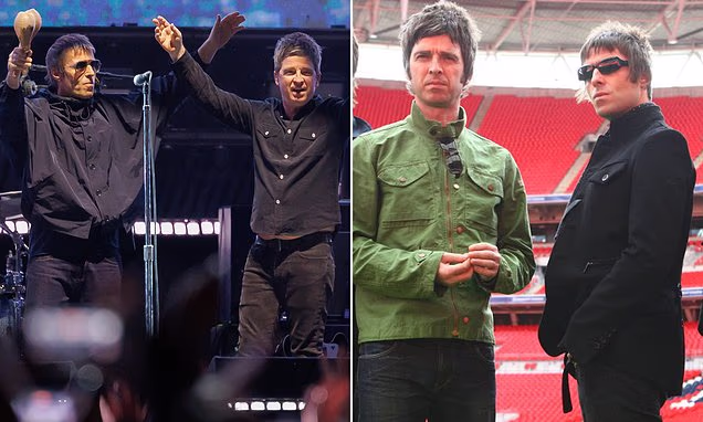 Liam and Noel Gallagher of Oasis performing on stage