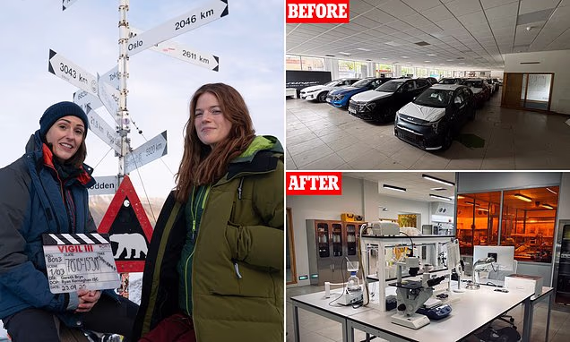 Set of BBC thriller Vigil decorated like an Arctic research station inside a former Glasgow car dealership