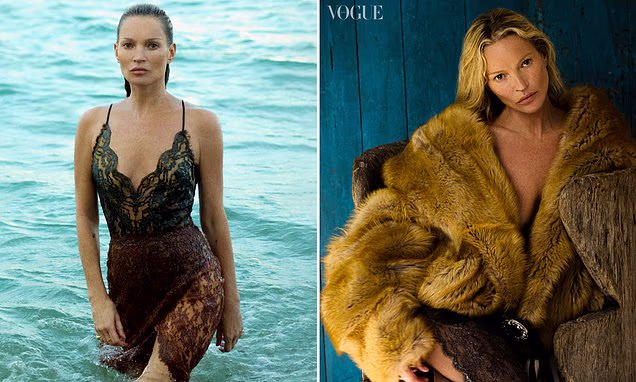 Kate Moss posing on the beach in a high-fashion look for Vogue Brasil