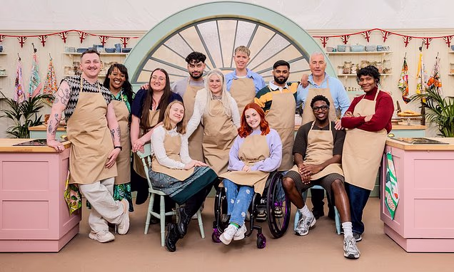 The Great British Bake Off tent with baking stations set up for the new cast