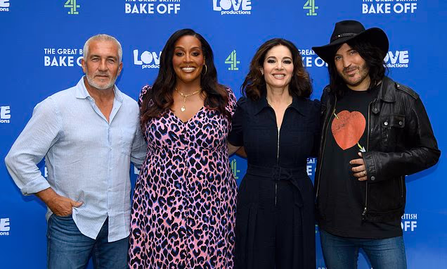 Nigella Lawson attending the Great British Bake Off launch event alongside Paul Hollywood, Alison Hammond, and Noel Fielding.
