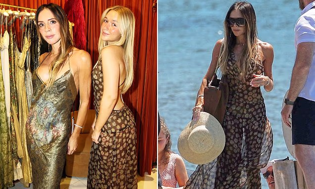 Victoria Beckham and Harper Beckham posing together in vintage dresses