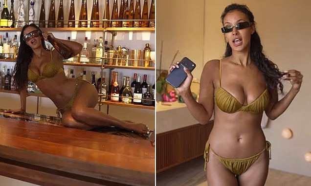 Maya Jama posing in a gold metallic bikini on her birthday trip to Ibiza.