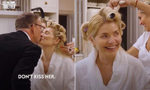 Holly Willoughby getting hair and makeup done in a white dressing gown
