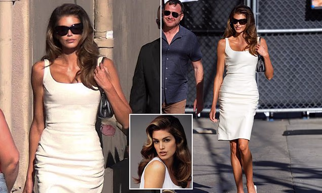 Kaia Gerber arriving at Jimmy Kimmel Live in a white dress