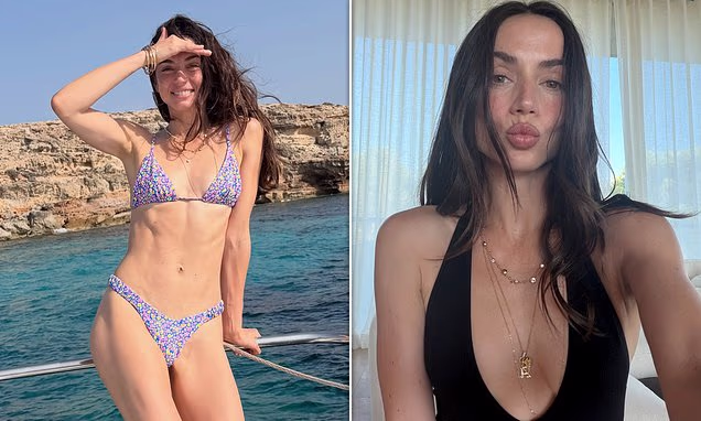 Ana de Armas posing in a lilac floral bikini during her summer vacation