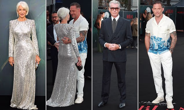 Helen Mirren and Tom Hardy pose together on the red carpet at the MobLand Season 2 premiere in London.
