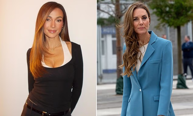 Michelle Keegan wearing a stylish bronde hairstyle during a studio interview
