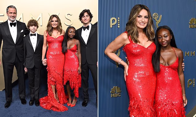 Mariska Hargitay posing on the red carpet with husband Peter Hermann and their children at the 2026 Emmys