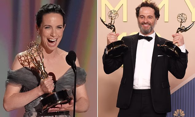 Matthew Rhys and Kate O'Flynn celebrating their Emmy wins