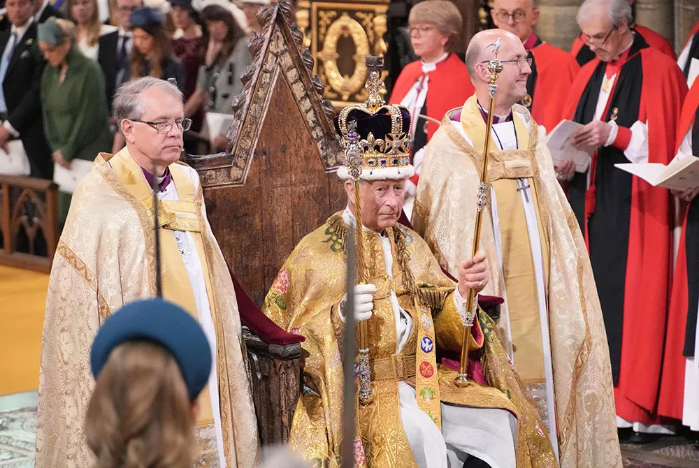 King Charles III is crowned with St Edward's Crown by The Archbishop of Canterbury the Most Reverend Justin Welby during his coronation ceremony in Westminster AbbeyThe Coronation of King Charles III, London, UK - 06 May