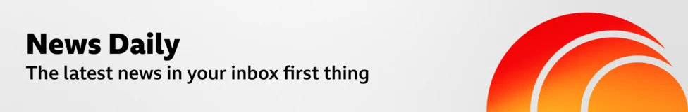 A thin, grey banner promoting the News Daily newsletter. On the right, there is a graphic of an orange sphere with two concentric crescent shapes around it in a red-orange gradient, like a sound wave. The banner reads: “
