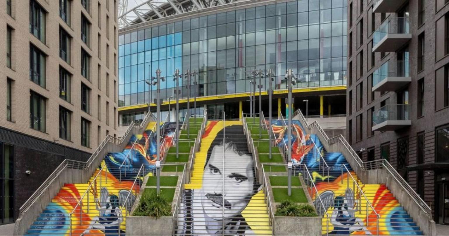 Freddie Mercury anamorphic mural artwork at Wembley Park