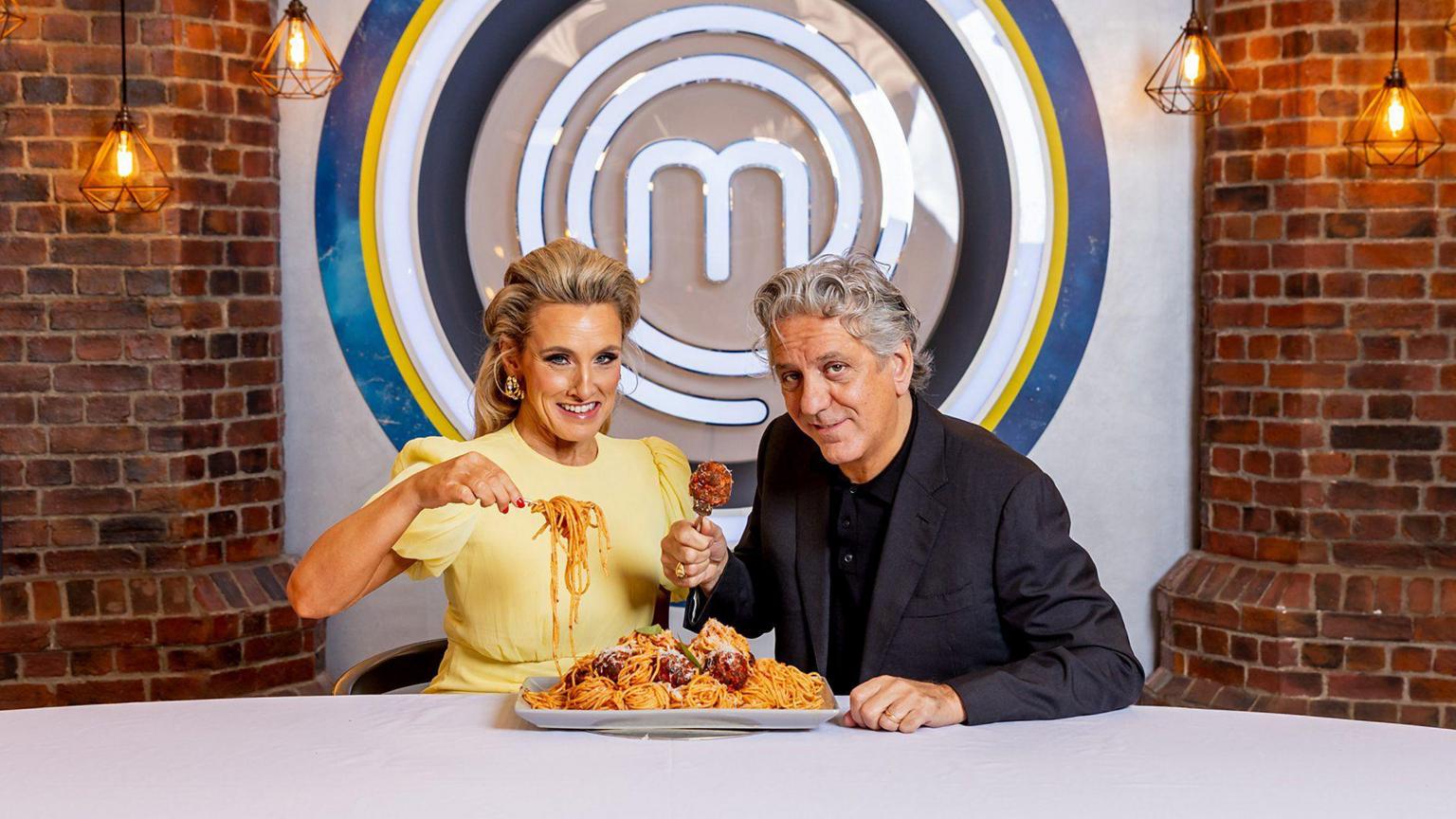 A modern studio setup configured for a TV cooking competition