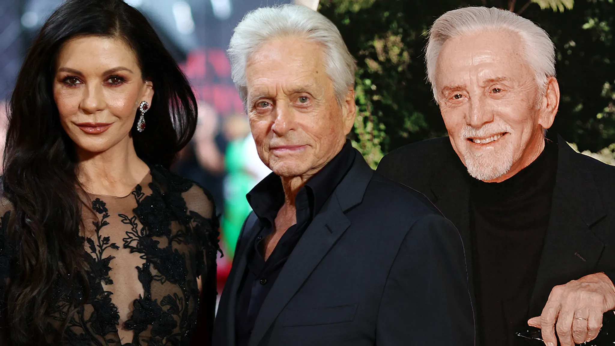 Kirk Douglas, Catherine Zeta-Jones and Michael Douglas posing at a Hollywood event.
