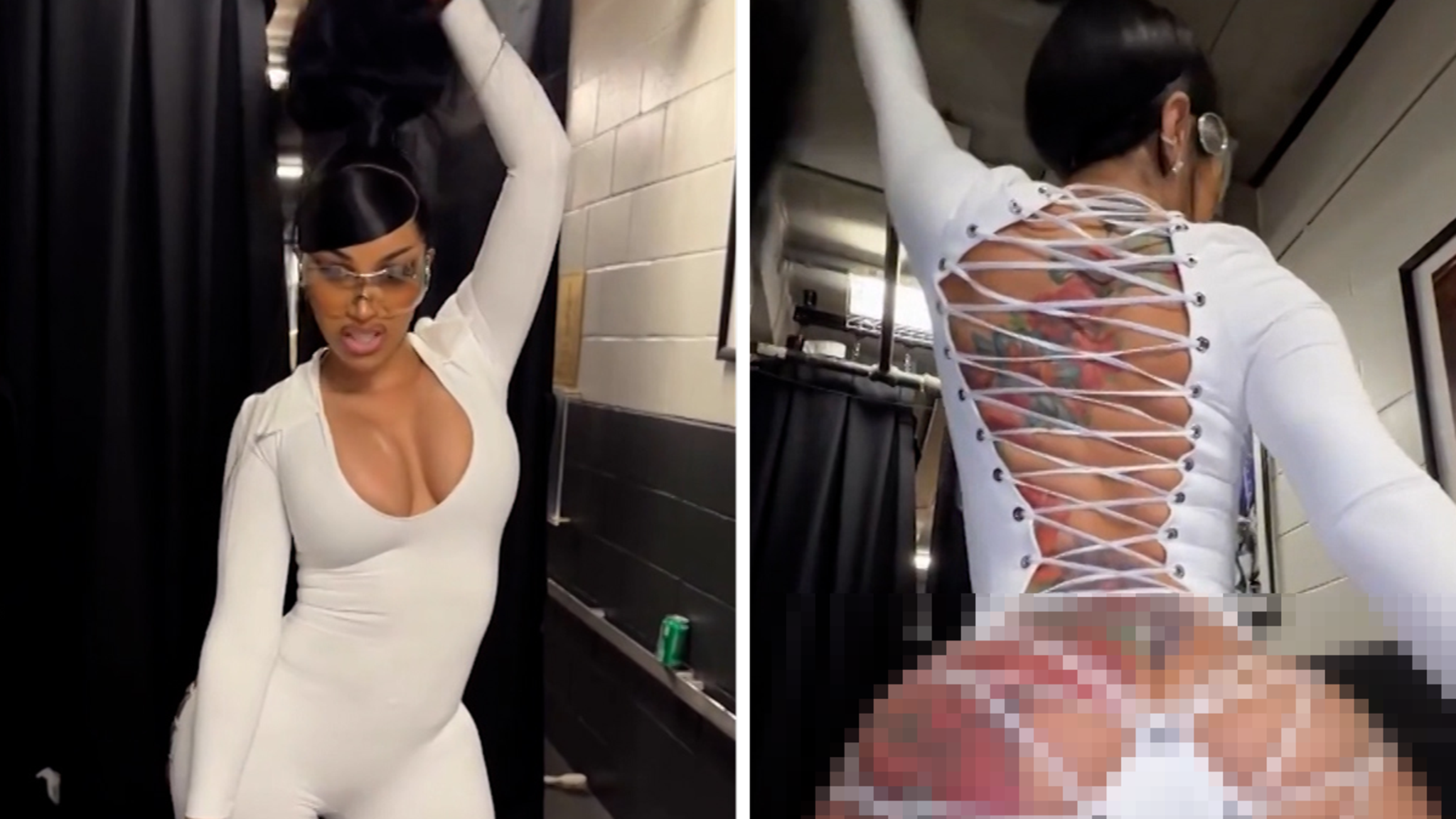 Cardi B wearing a cutout catsuit while performing onstage with Don Toliver at Barclays Center.