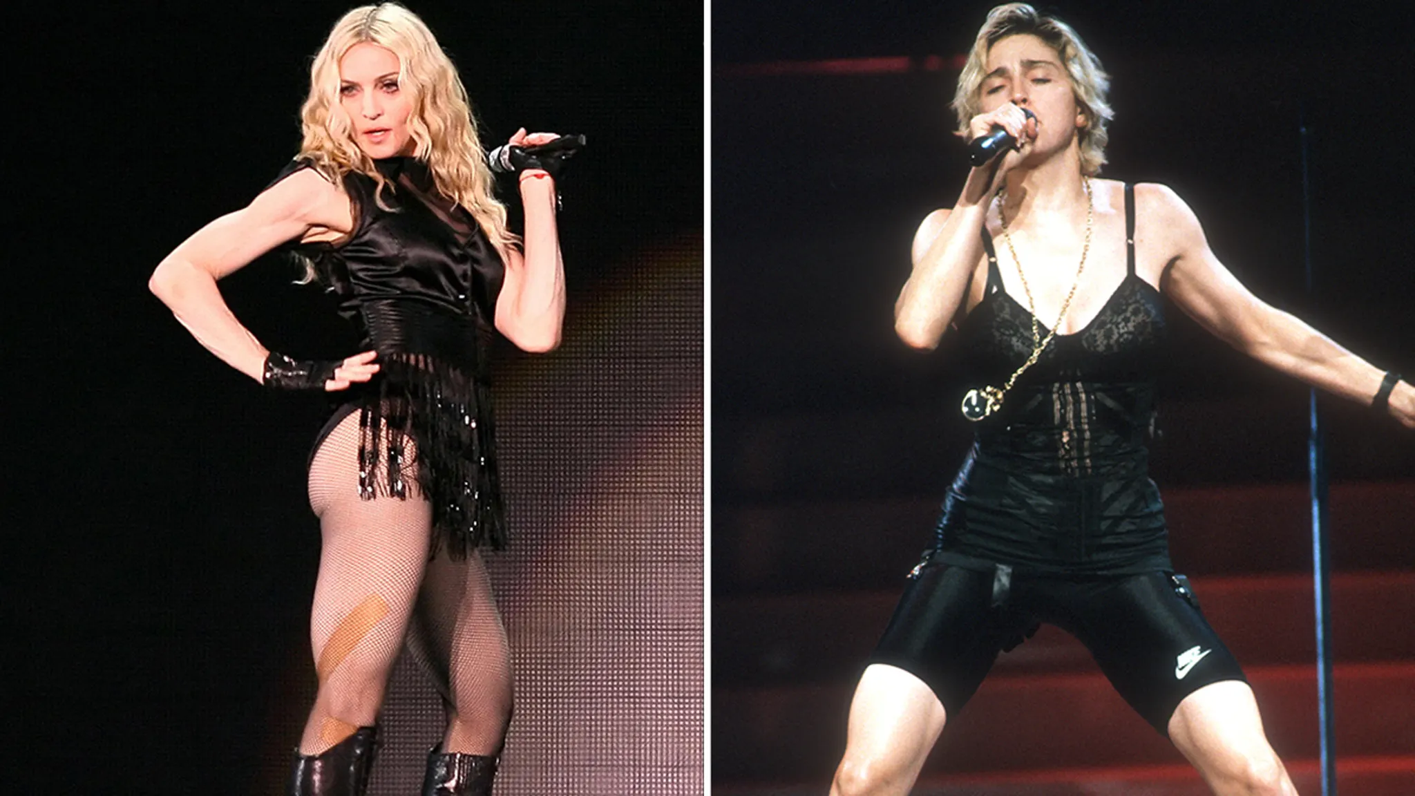 Madonna performing on stage in a glam stage outfit